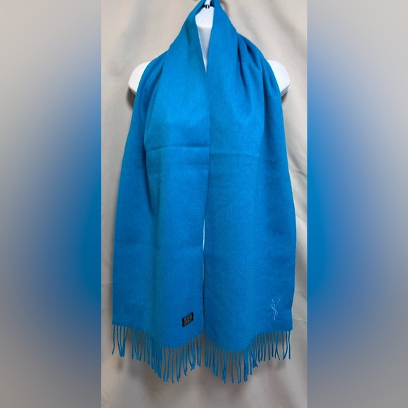 Yves Saint Laurent YSL Blue‎ Wool Logo Fringe Scarf 70”x 12” - Picture 1 of 8